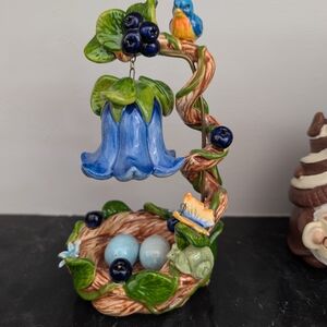 Blue Sky Ceramic Blue Bell Bird & Nest Figurine with Green Leaves